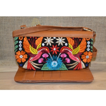 Portfel torebka skórzana brązowa z kwiatowym kolorowym haftem .